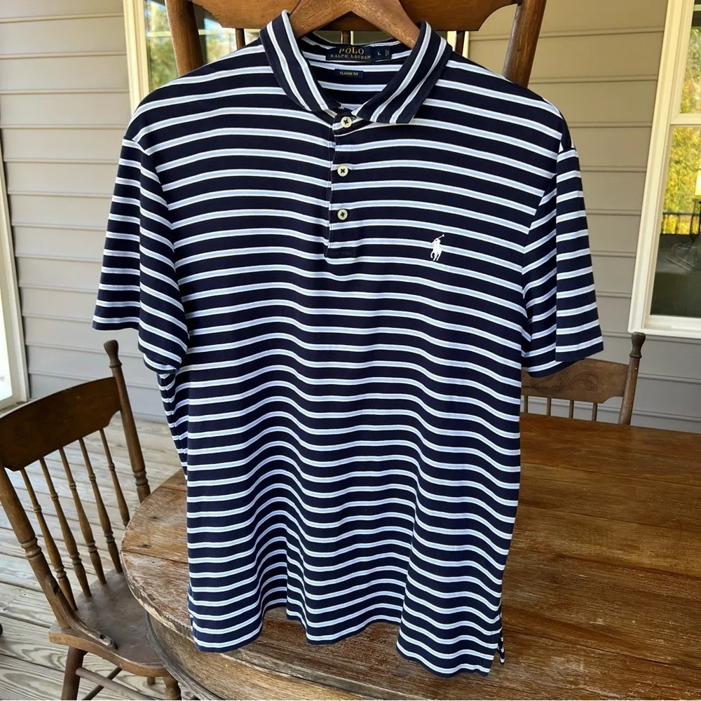 Ralph Lauren Polo Shirt Men's 100% Cotton Navy Baby Blue Stripes Classic Fit L